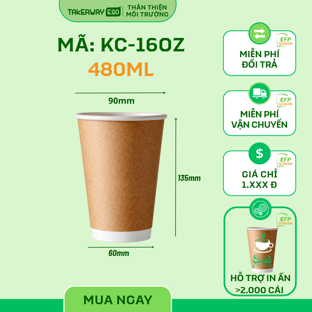 Ly Giấy Kraft 2 Lớp 16oz-480ml (Dùng Nóng/Lạnh)